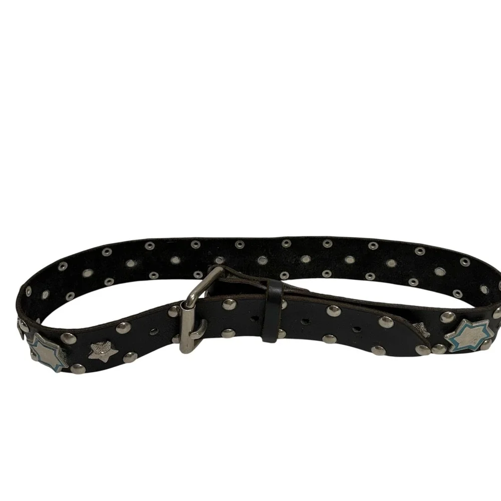 VTG Nomad  Y2K Black Leather Studded Star Belt Silver Enamel Punk Rock Grunge 85